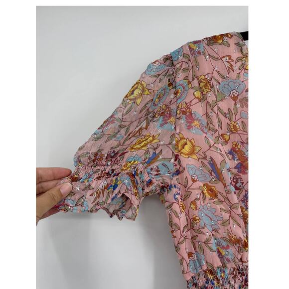 Walter Baker Floral Fitted Smocked Waist Ruffle Pink Primrose Chiffon Dress NEW - Picture 4 of 15